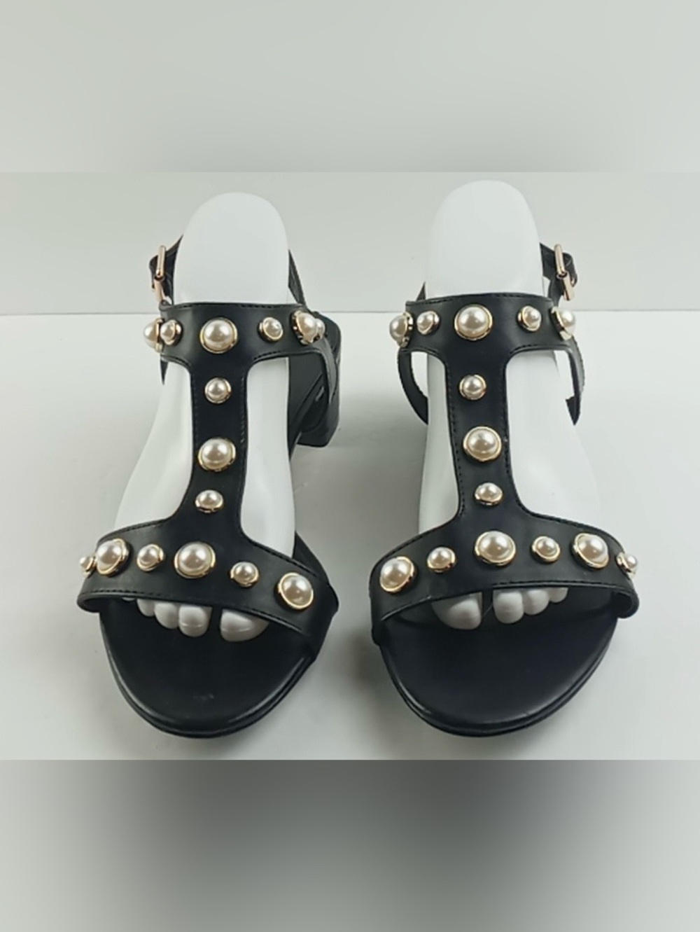 Pearl Studded T-Strap Low Block Heel Sandals